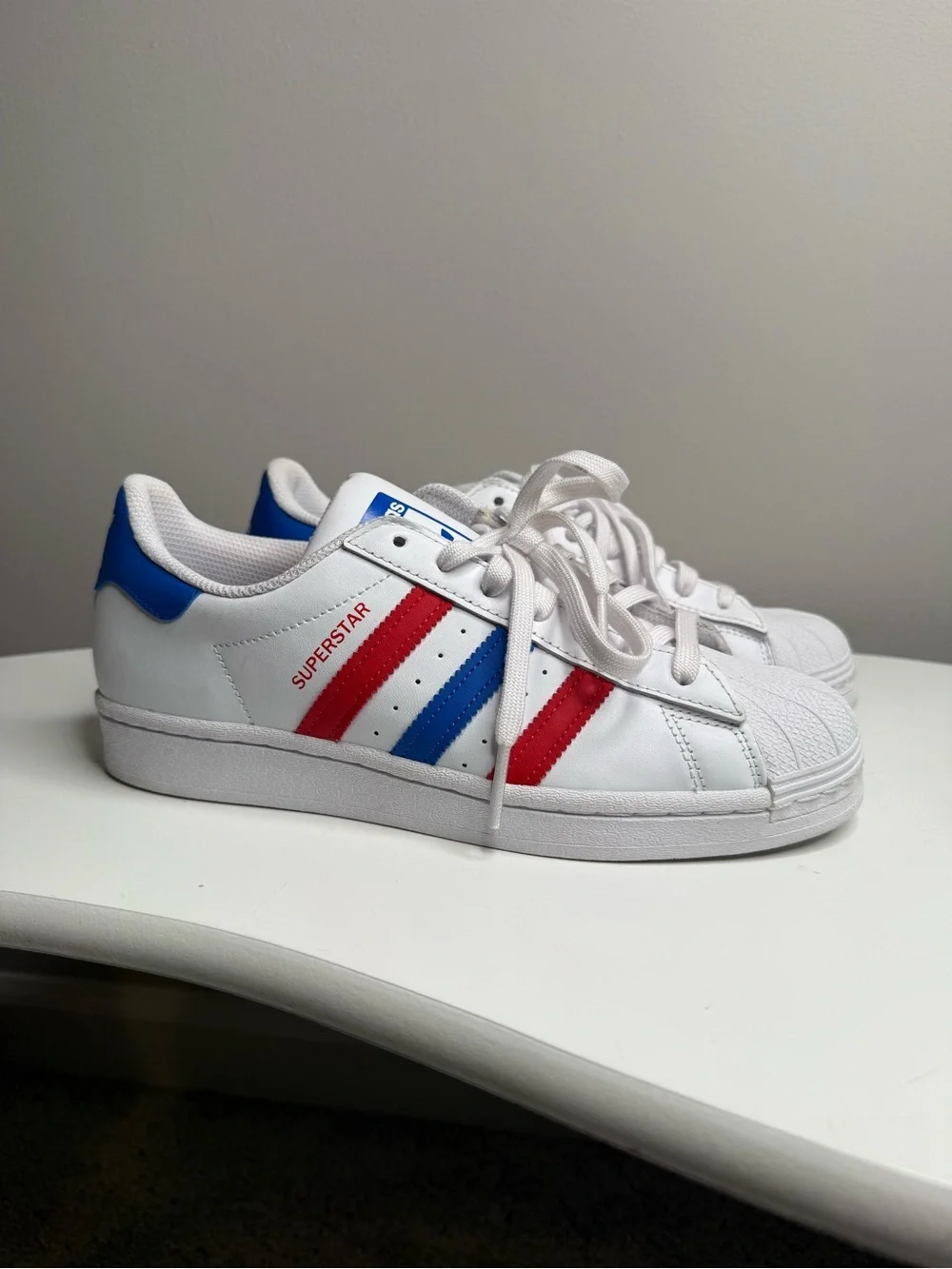 adidas Superstar White with Red & Blue Stripes